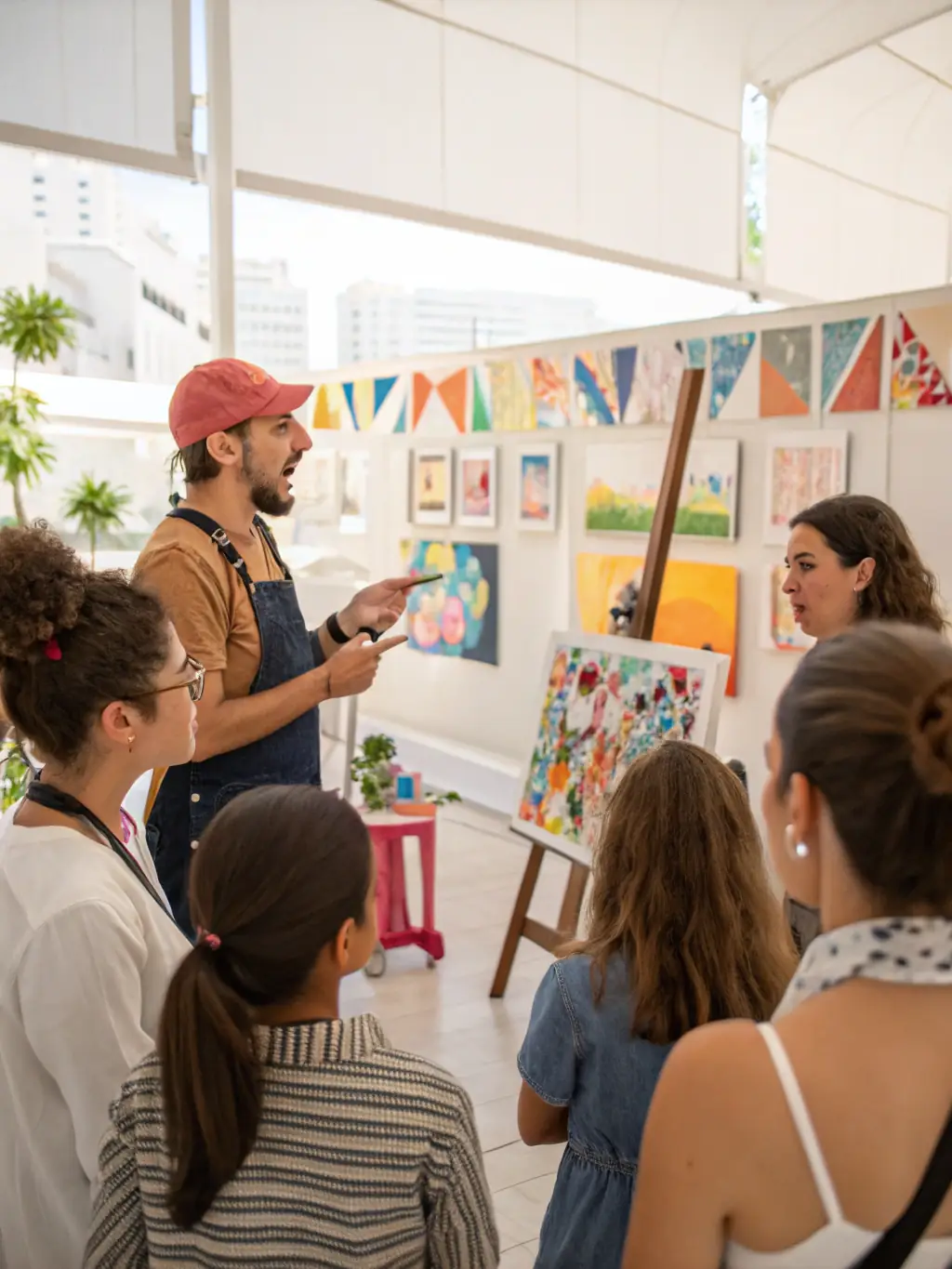 A photograph of an artist talk at LA GRANDE VITRINE, featuring a renowned artist discussing their work and process with an attentive audience. The atmosphere is intellectual and engaging.