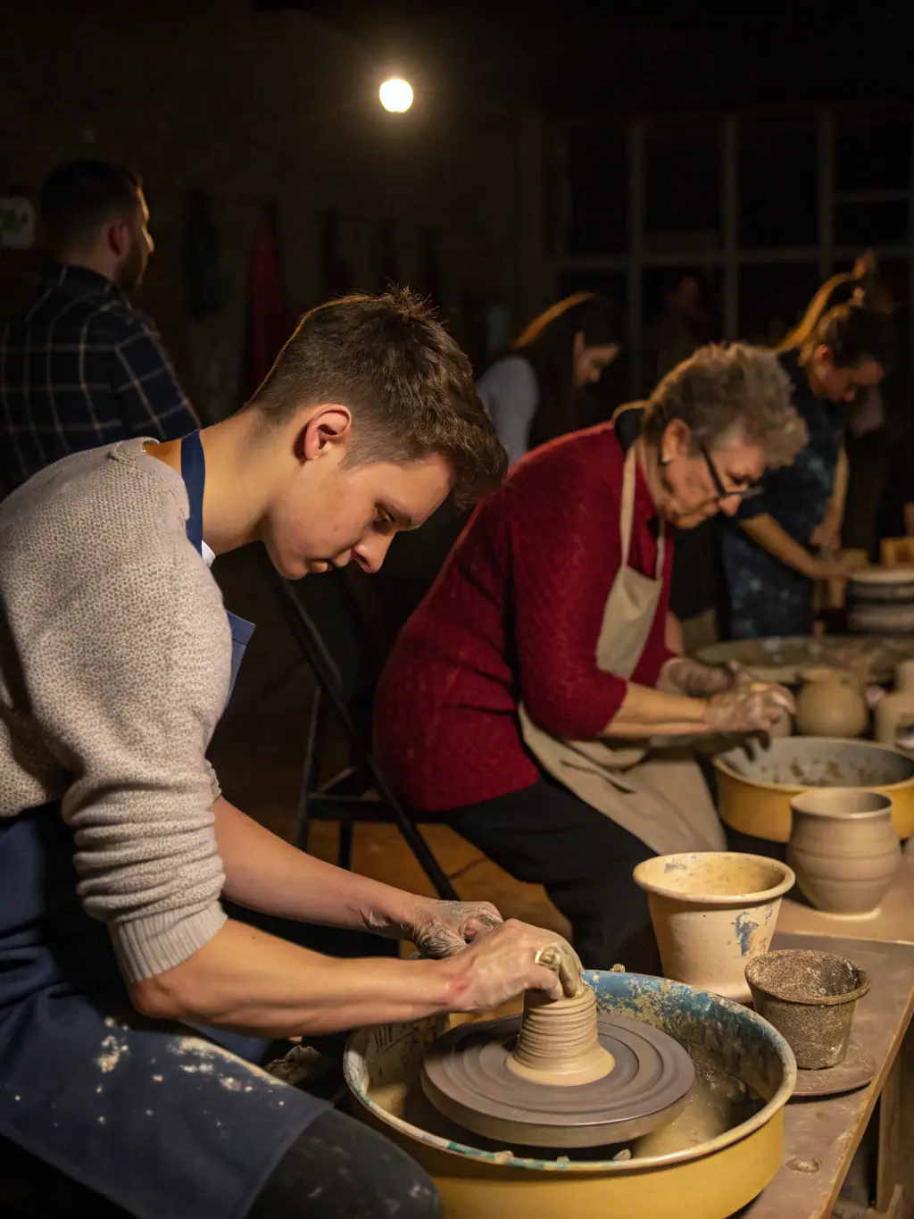 A vibrant photograph capturing participants actively engaged in a pottery workshop at LA GRANDE VITRINE, showcasing hands-on learning and creative expression.