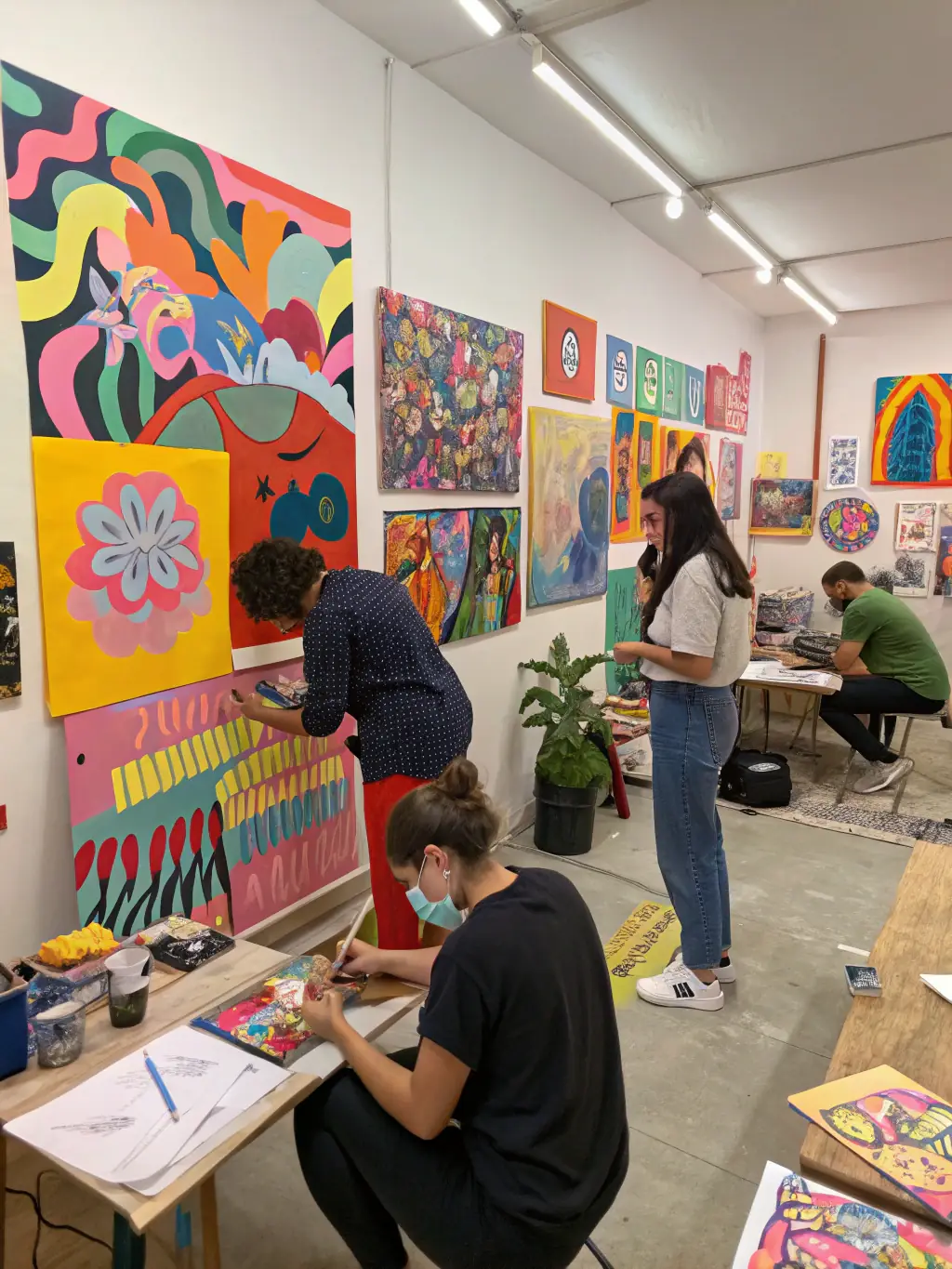A photograph capturing a collaborative art project at LA GRANDE VITRINE, showcasing artists from different disciplines working together on a unique piece. The image reflects the gallery's commitment to cultural exchange.